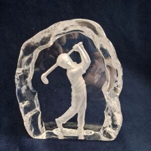 Glass Statuette Golfer Placque Silhouette Clear Glass Golf Swing Paperweight New